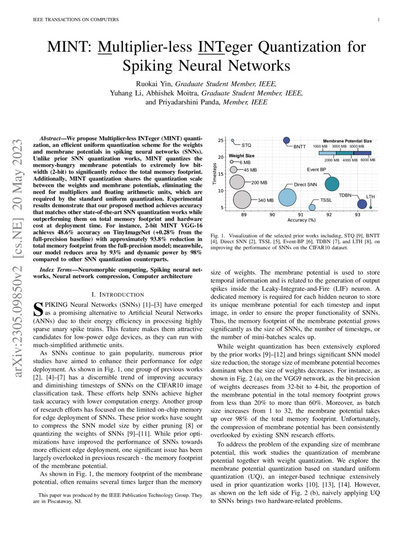 MINT Multiplierless Integer Quantization for Spiking Neural Networks
