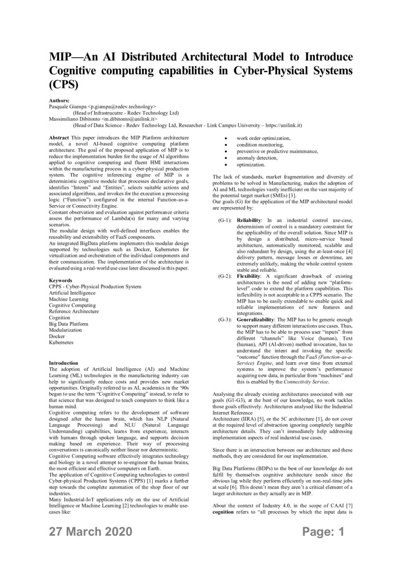 MIP An AI Distributed Architectural Model to Introduce Cognitive ...