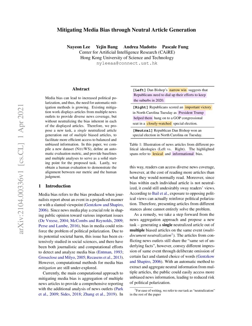 Mitigating Media Bias through Neutral Article Generation DeepAI