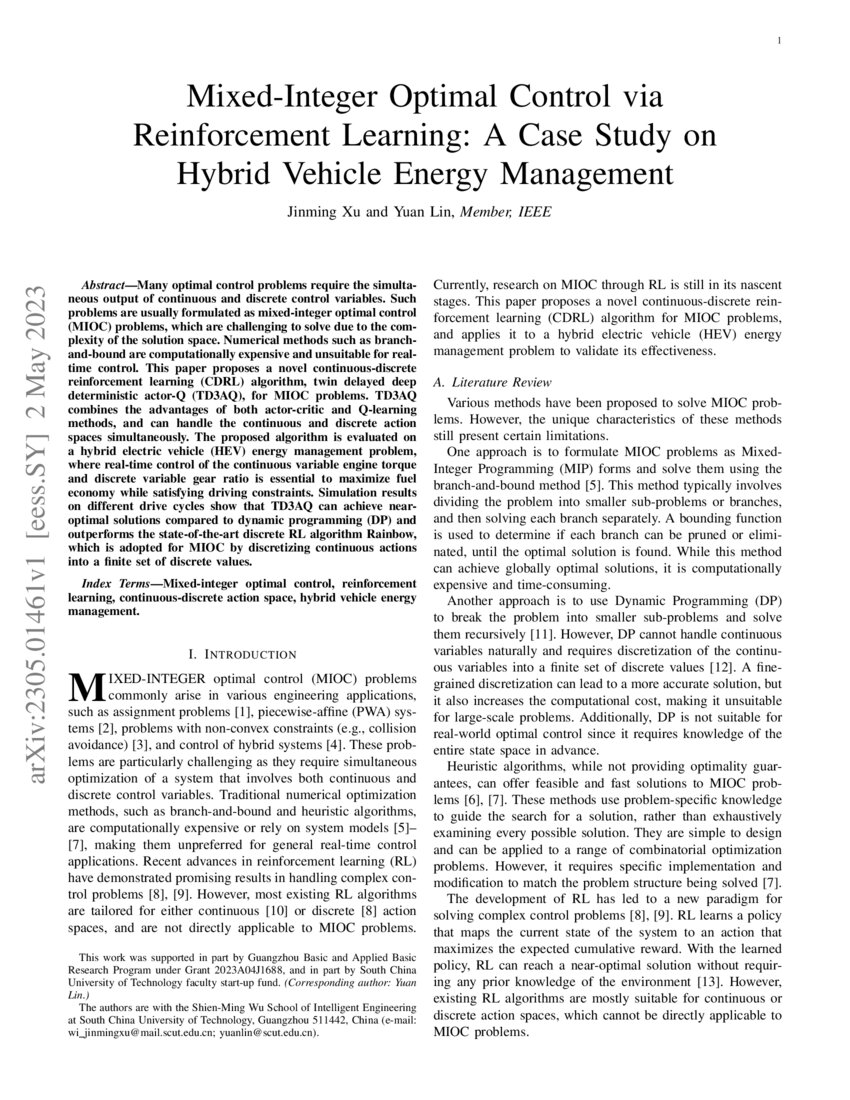 MixedInteger Optimal Control via Reinforcement Learning A Case Study