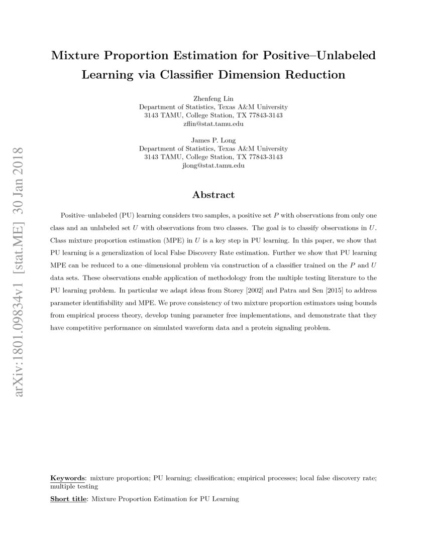 Mixture Proportion Estimation for PositiveUnlabeled Learning via