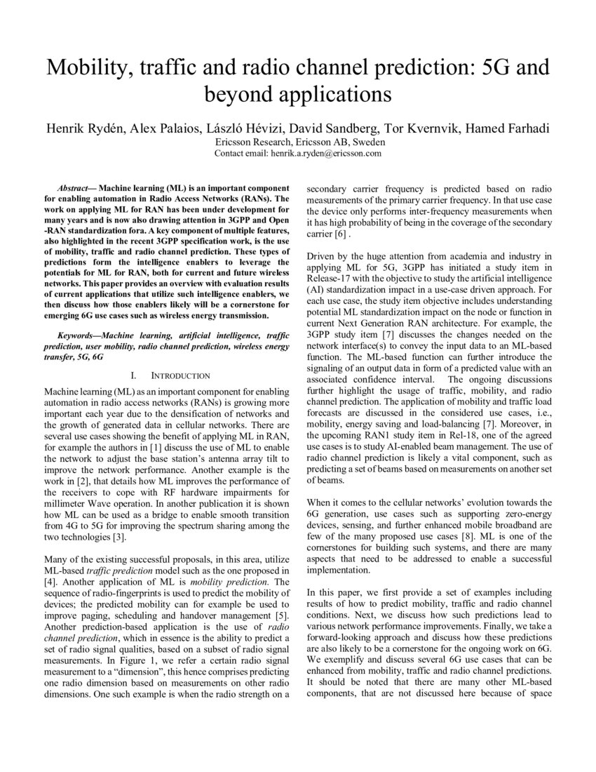 Mobility, traffic and radio channel prediction 5G and beyond