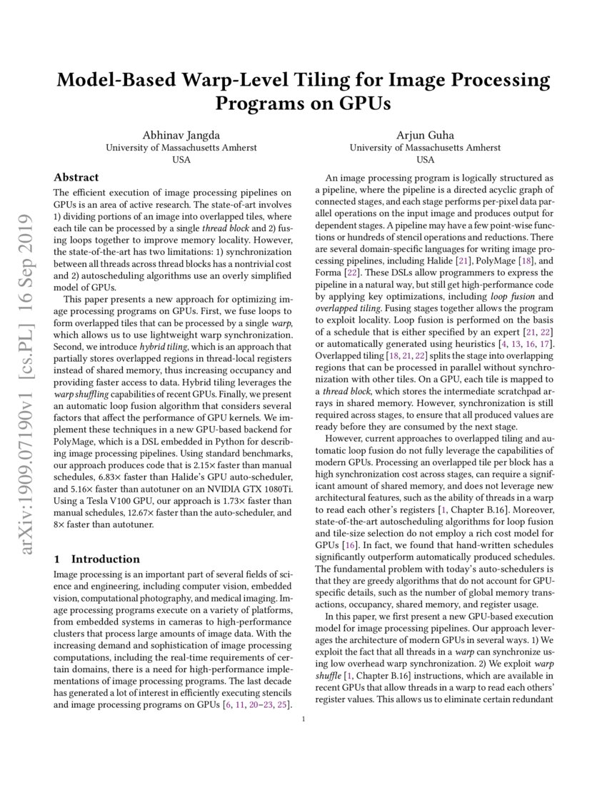ModelBased WarpLevel Tiling for Image Processing Programs on GPUs