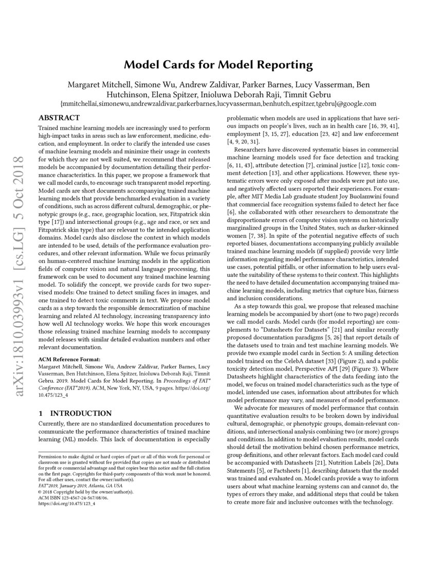 Model Cards for Model Reporting | DeepAI