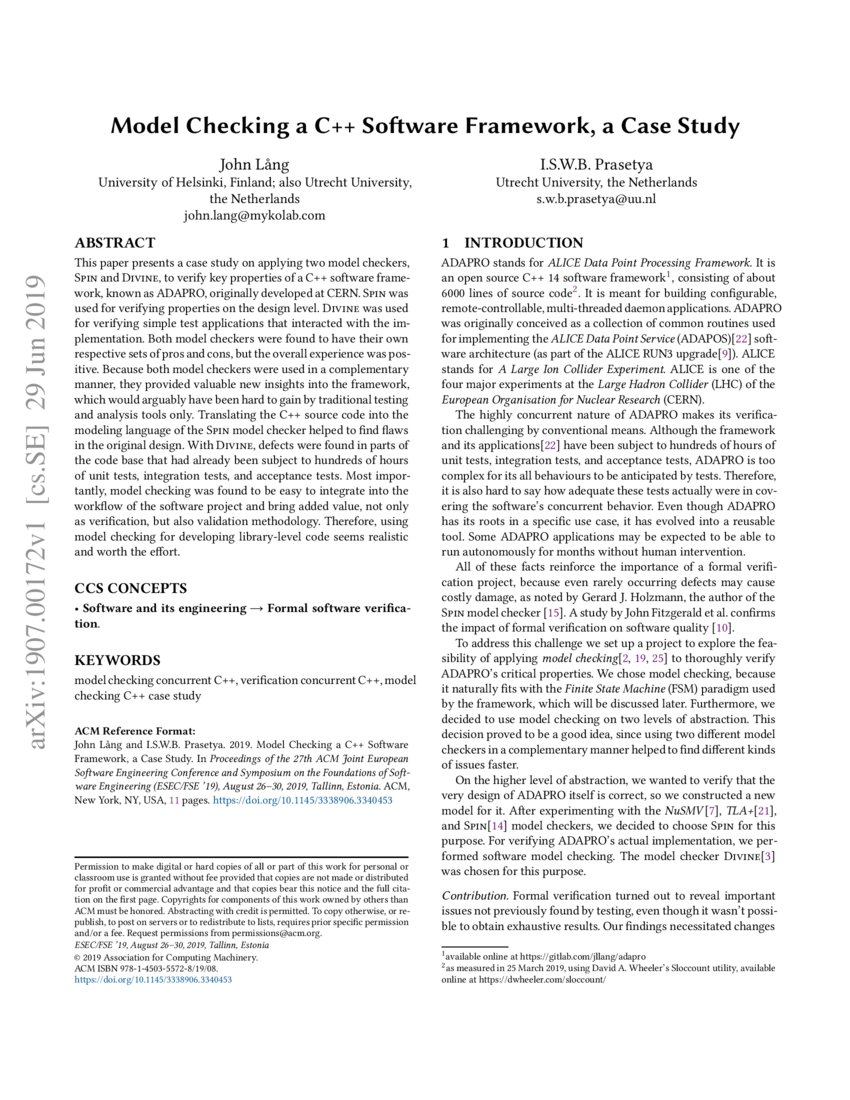 Model Checking a C++ Software Framework, a Case Study DeepAI