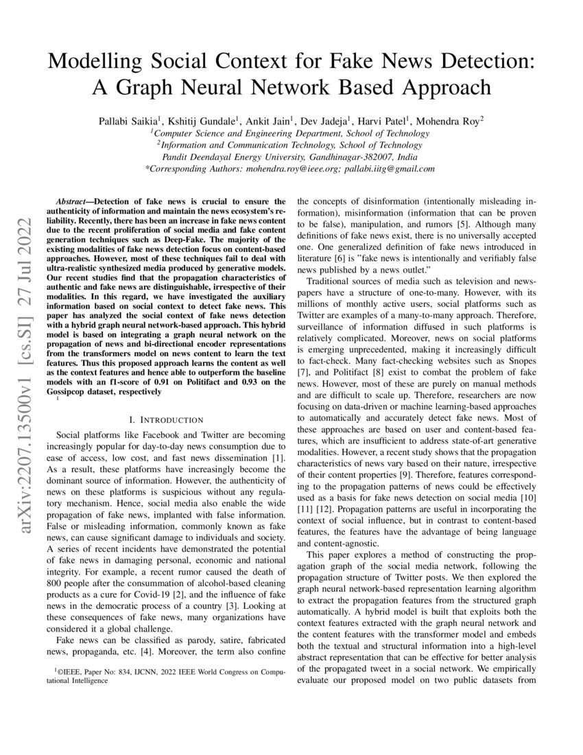 Modelling Social Context for Fake News Detection A Graph Neural