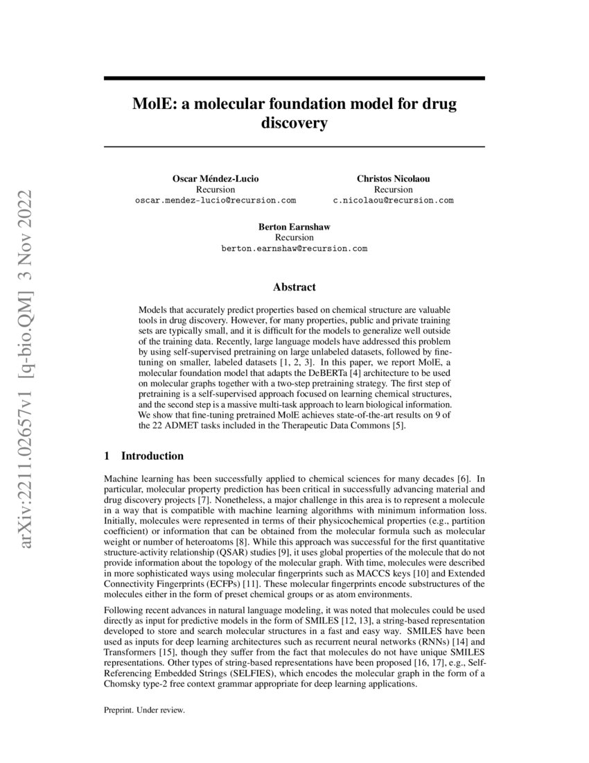 MolE a molecular foundation model for drug discovery DeepAI