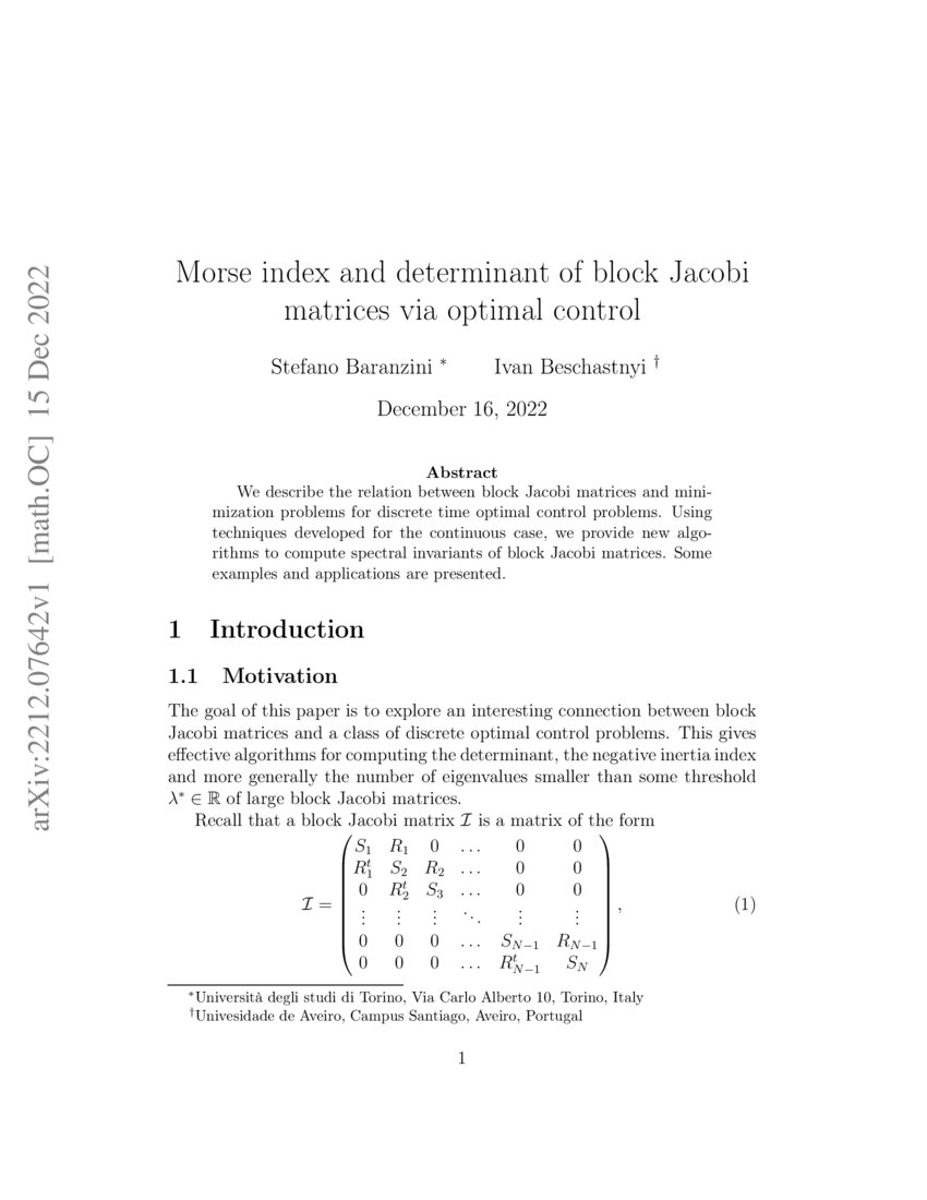 Morse index and determinant of block Jacobi matrices via optimal ...