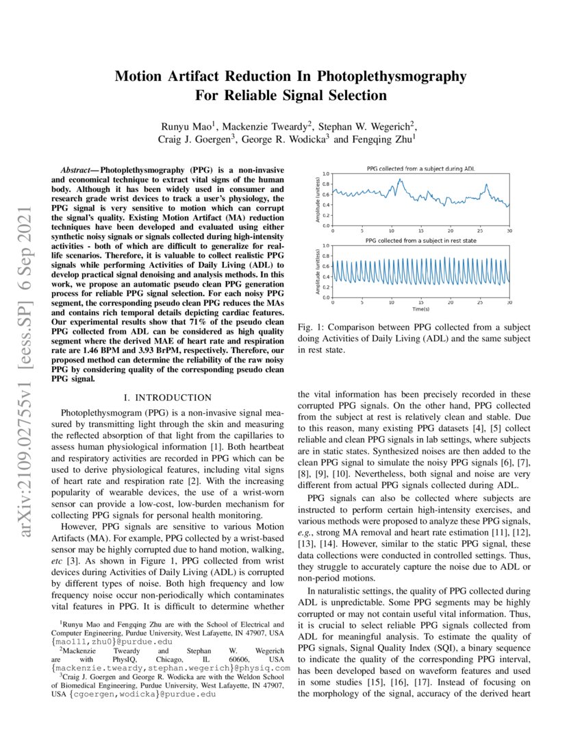 Motion Artifact Reduction In Photoplethysmography For Reliable Signal