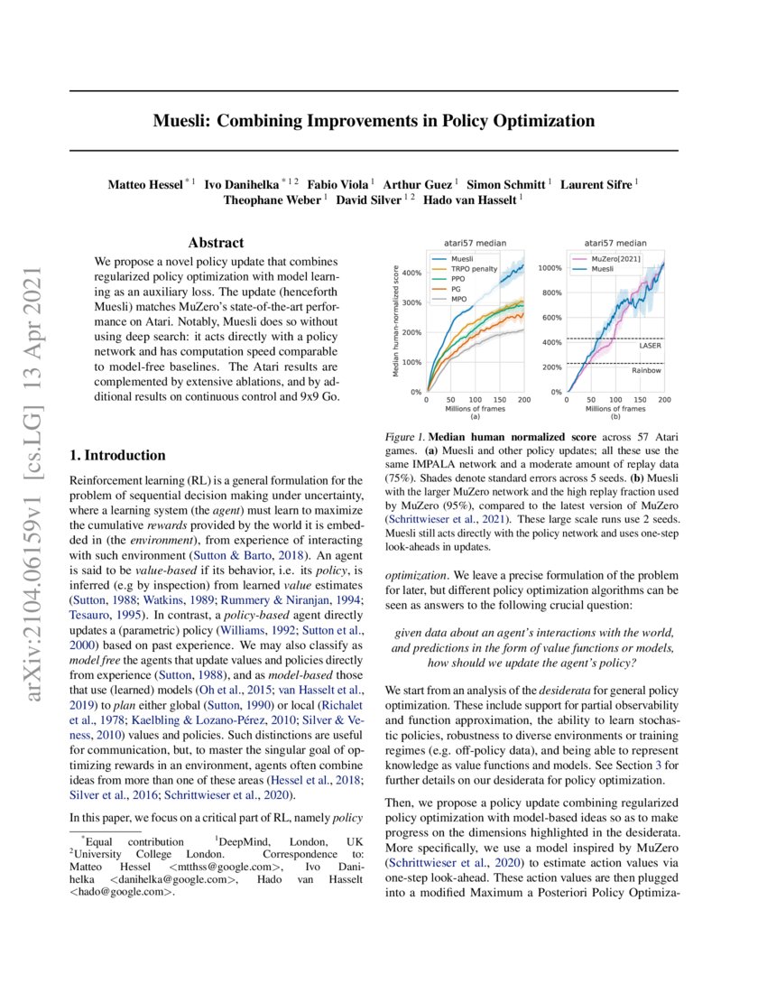Muesli Combining Improvements in Policy Optimization DeepAI