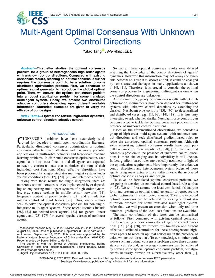 Multi-agent optimal consensus with unknown control directions | DeepAI