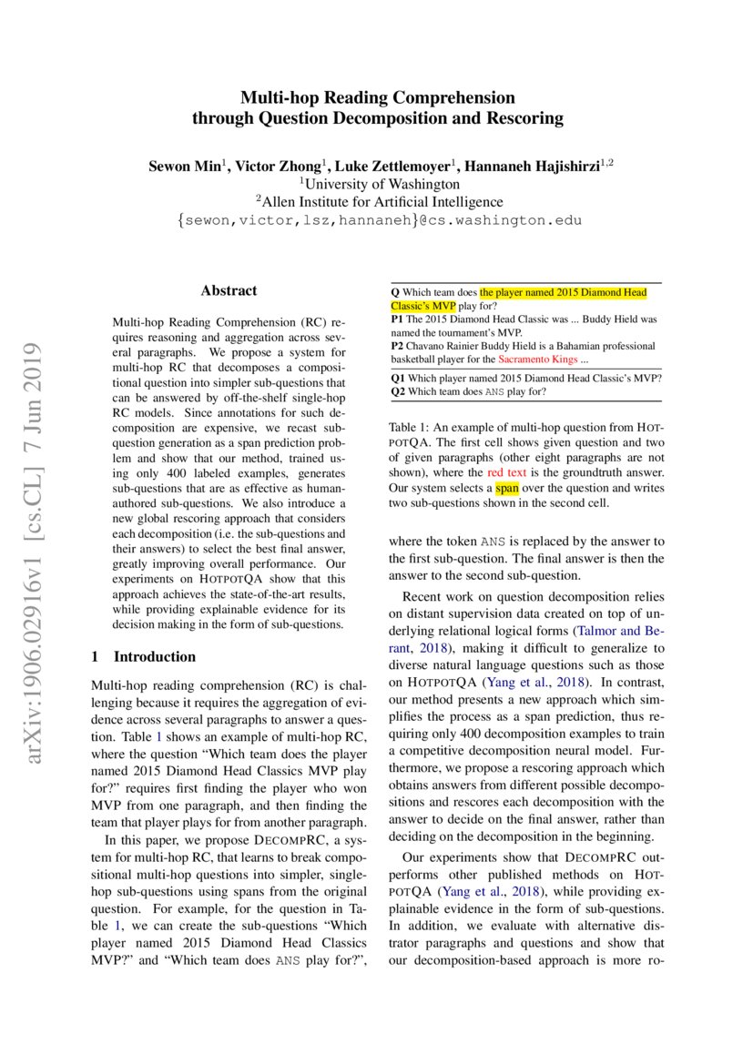 Multi-hop Reading Comprehension Through Question Decomposition And - Multi-hop Reading Comprehension Through Question Decomposition And