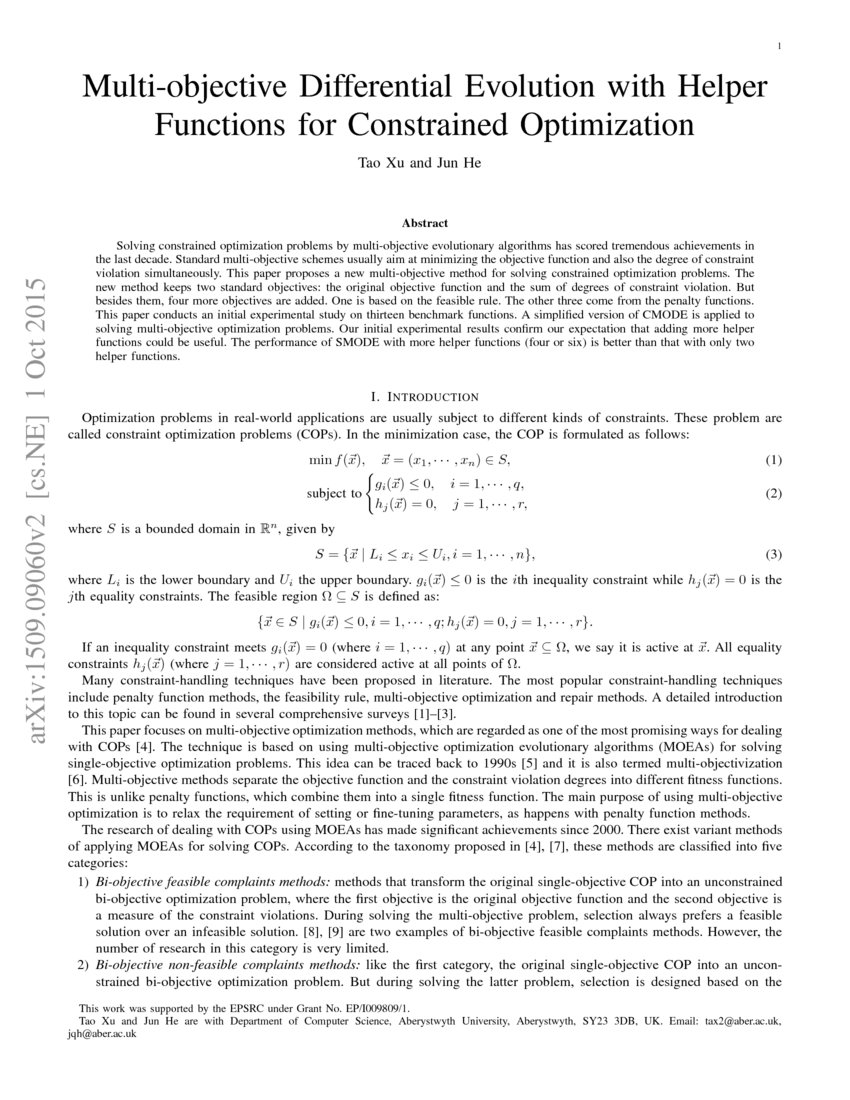 Multiobjective Differential Evolution with Helper Functions for Constrained Optimization DeepAI