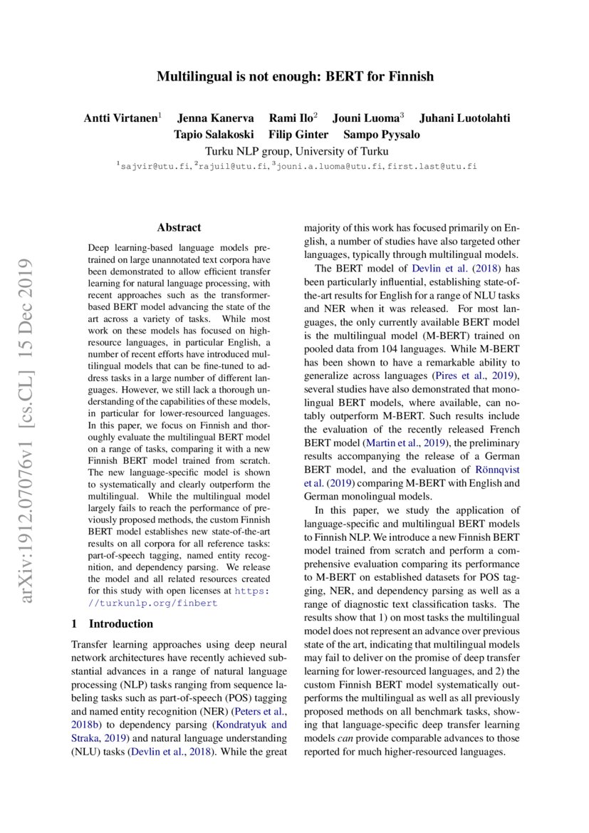 Multilingual is not enough BERT for Finnish DeepAI