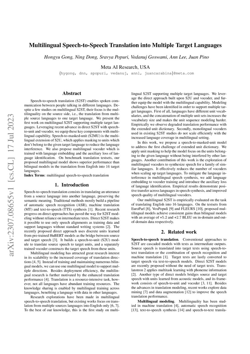 Multilingual SpeechtoSpeech Translation into Multiple Target