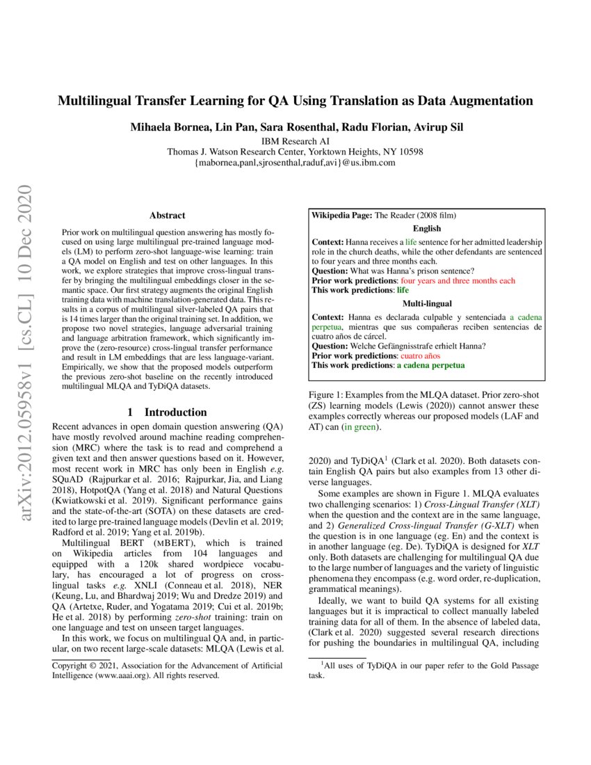 Multilingual Transfer Learning for QA Using Translation as Data