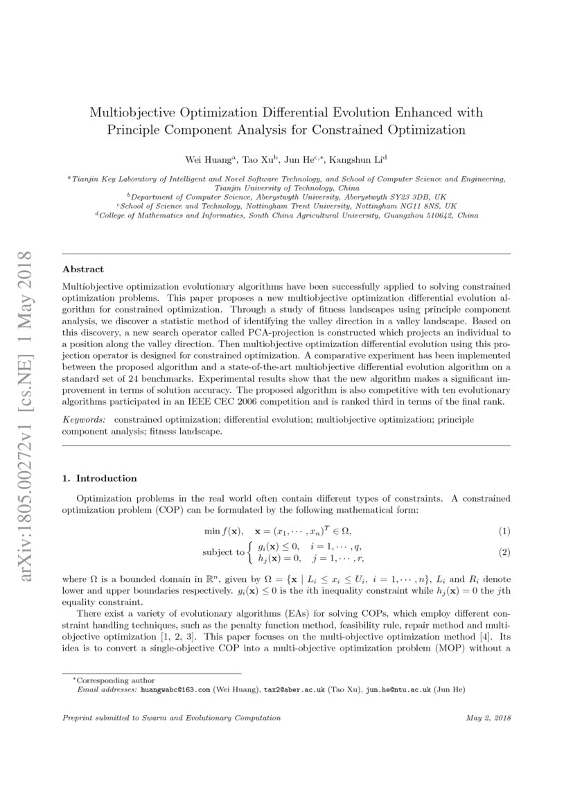 Multiobjective Optimization Differential Evolution Enhanced with Principle Component Analysis