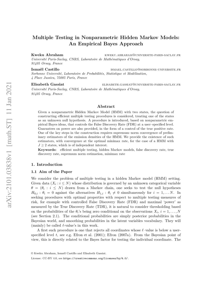 Multiple Testing in Nonparametric Hidden Markov Models An Empirical