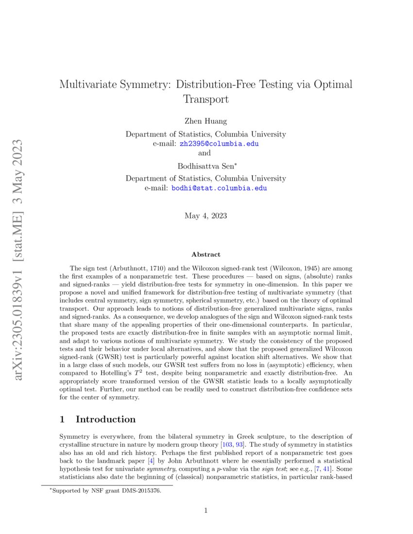 Multivariate Symmetry DistributionFree Testing via Optimal Transport