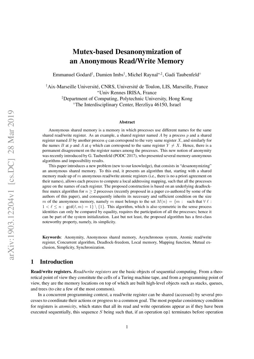 Mutexbased Desanonymization of an Anonymous Read/Write Memory DeepAI