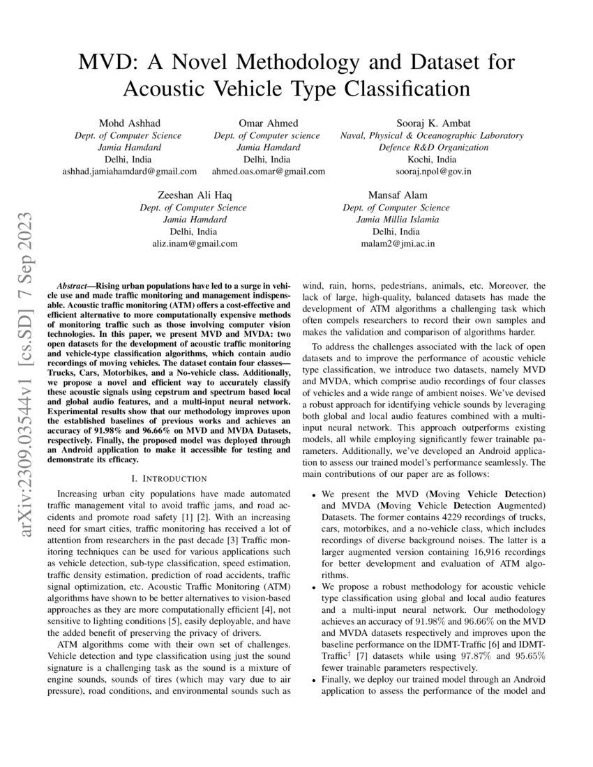 MVDA Novel Methodology and Dataset for Acoustic Vehicle Type