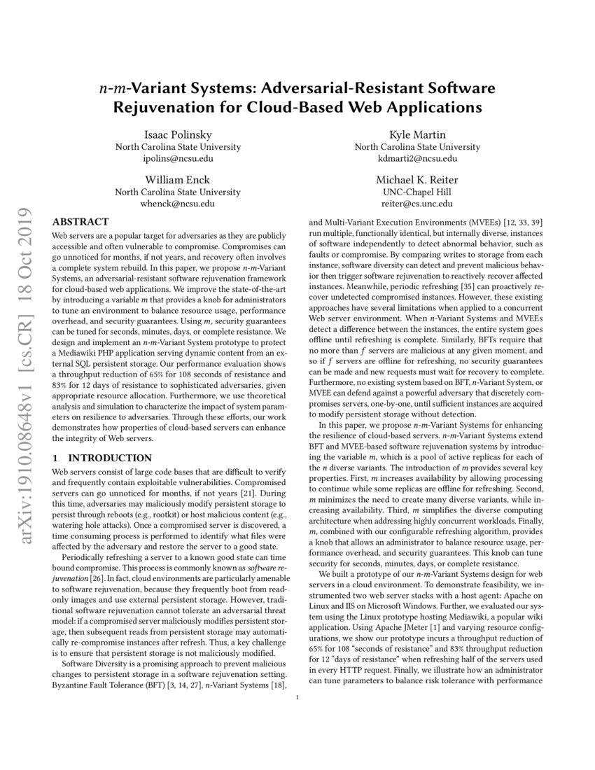 N m Variant Systems Adversarial Resistant Software Rejuvenation For N m variant systems adversarial resistant software rejuvenation for