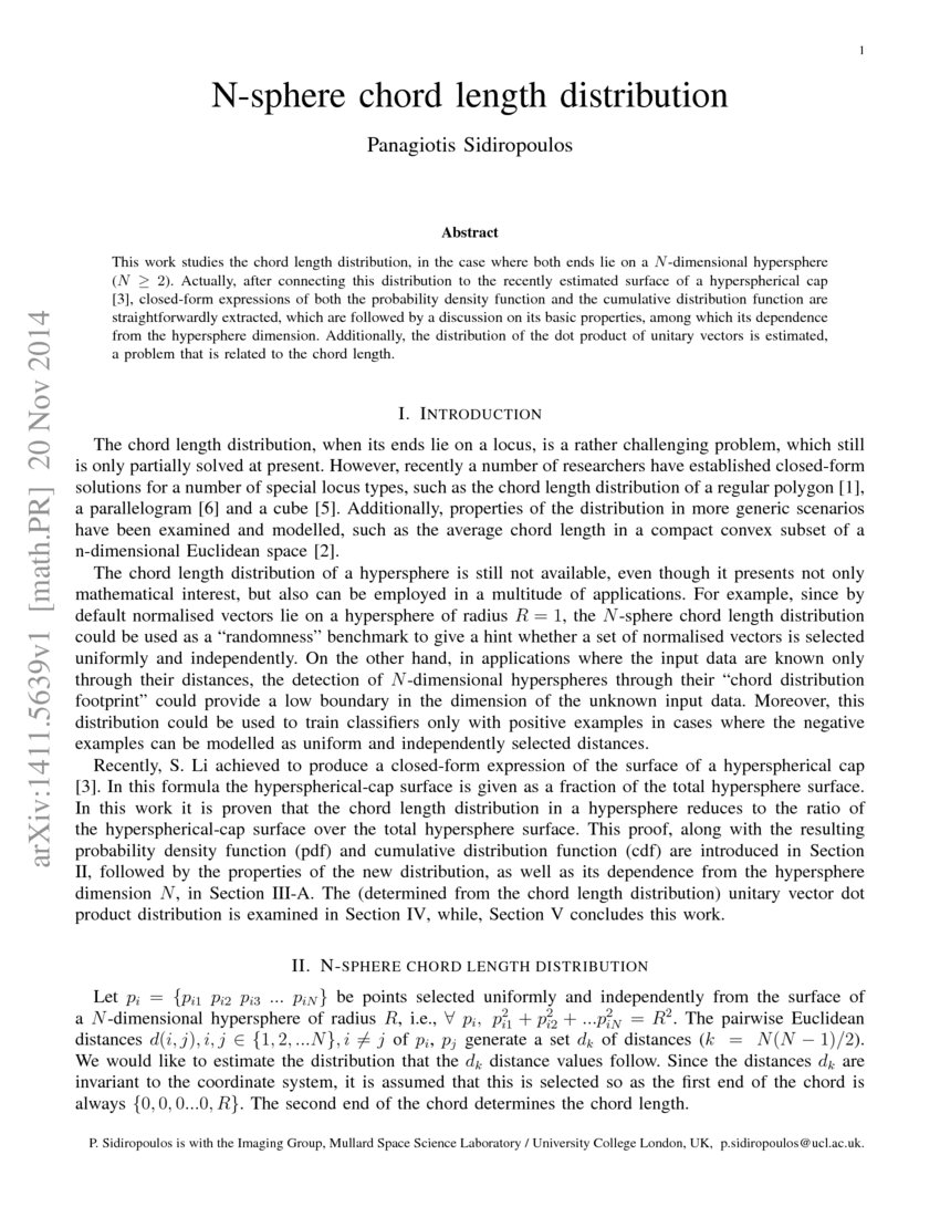 Nsphere chord length distribution DeepAI