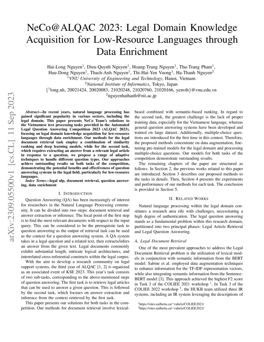 NeCoALQAC 2023 Legal Domain Knowledge Acquisition for LowResource