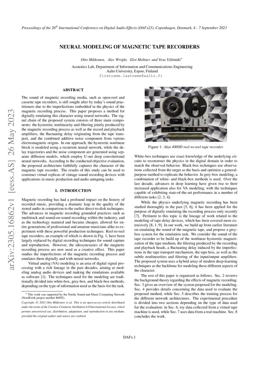 Neural modeling of tape recorders DeepAI