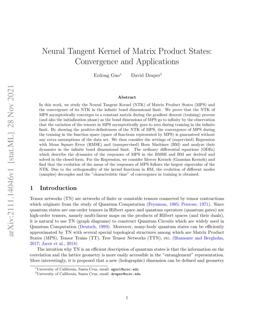 Neural Tangent Kernel of Matrix Product States: Convergence and ...