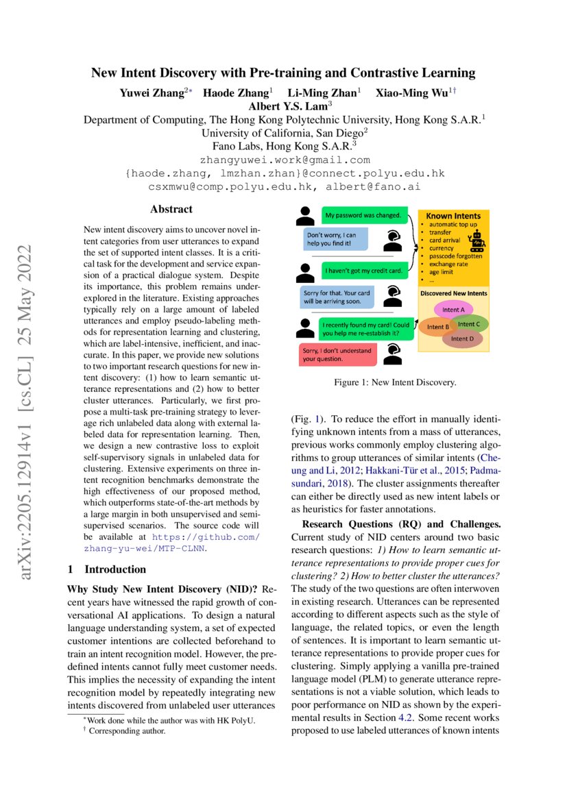 New Intent Discovery with Pre-training and Contrastive Learning | DeepAI
