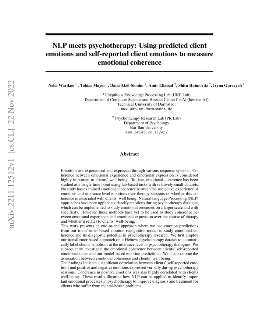 NLP meets psychotherapy: Using predicted client emotions and self ...