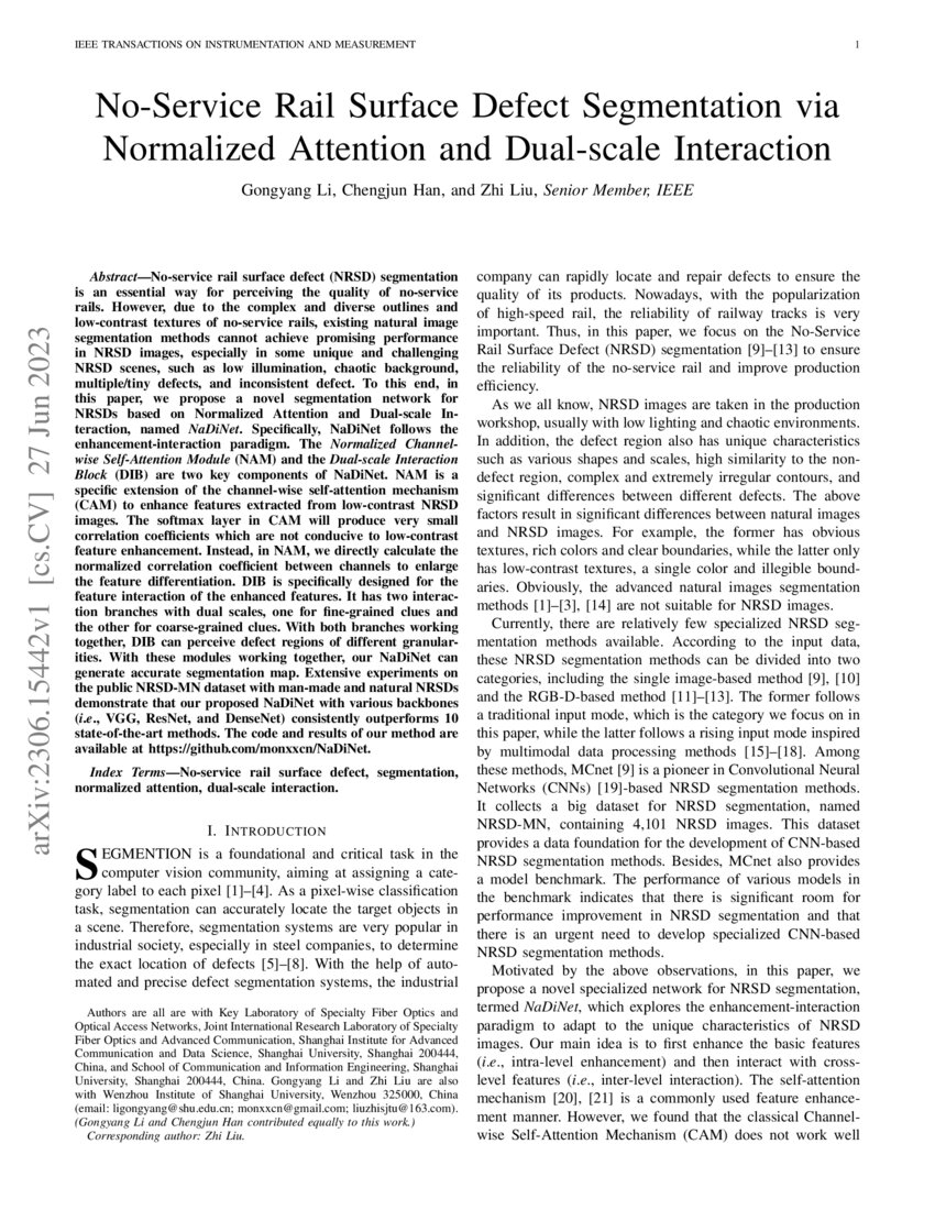NoService Rail Surface Defect Segmentation via Normalized Attention