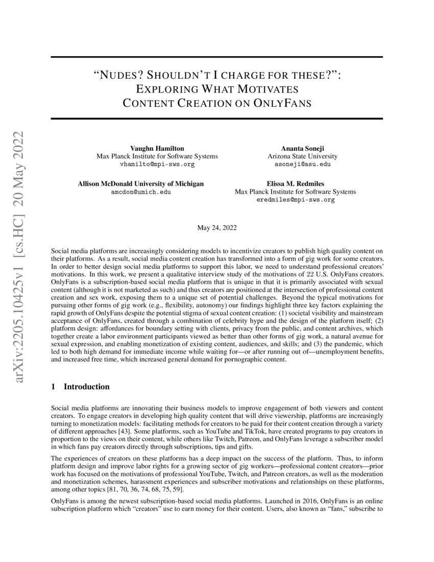 Nudes? Shouldn't I charge for these? : Exploring What Motivates Content  Creation on OnlyFans | DeepAI