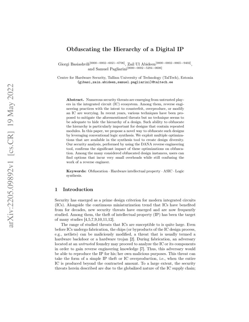 Obfuscating the Hierarchy of a Digital IP | DeepAI