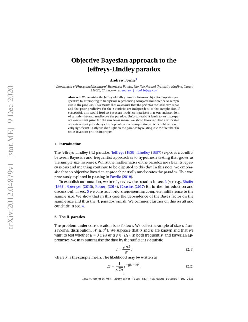 Objective Bayesian approach to the JeffreysLindley paradox DeepAI