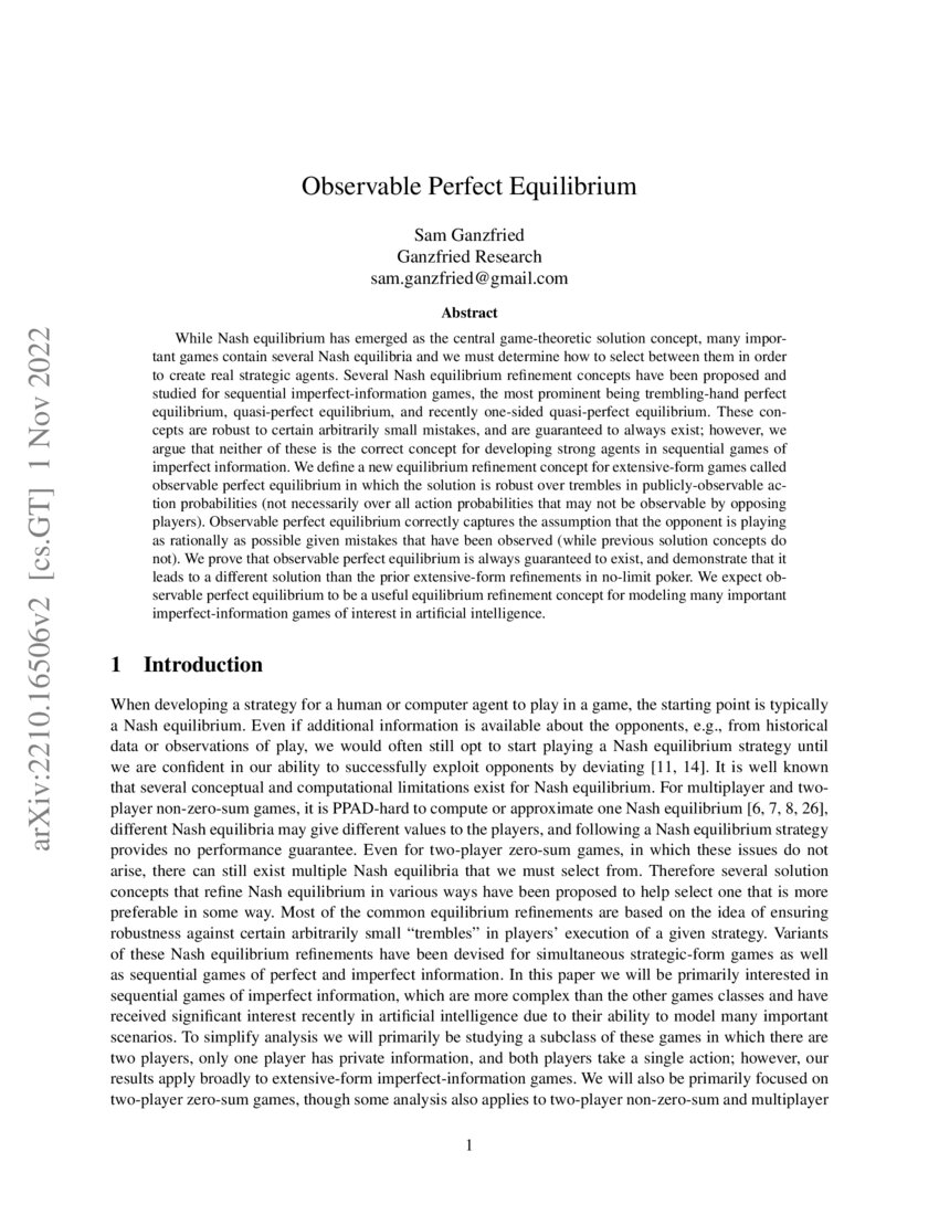 Observable Perfect Equilibrium DeepAI