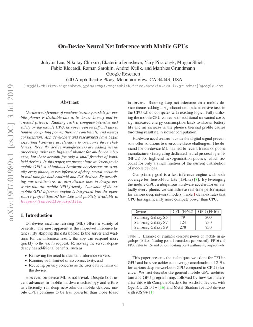 On-Device Neural Net Inference with Mobile GPUs | DeepAI