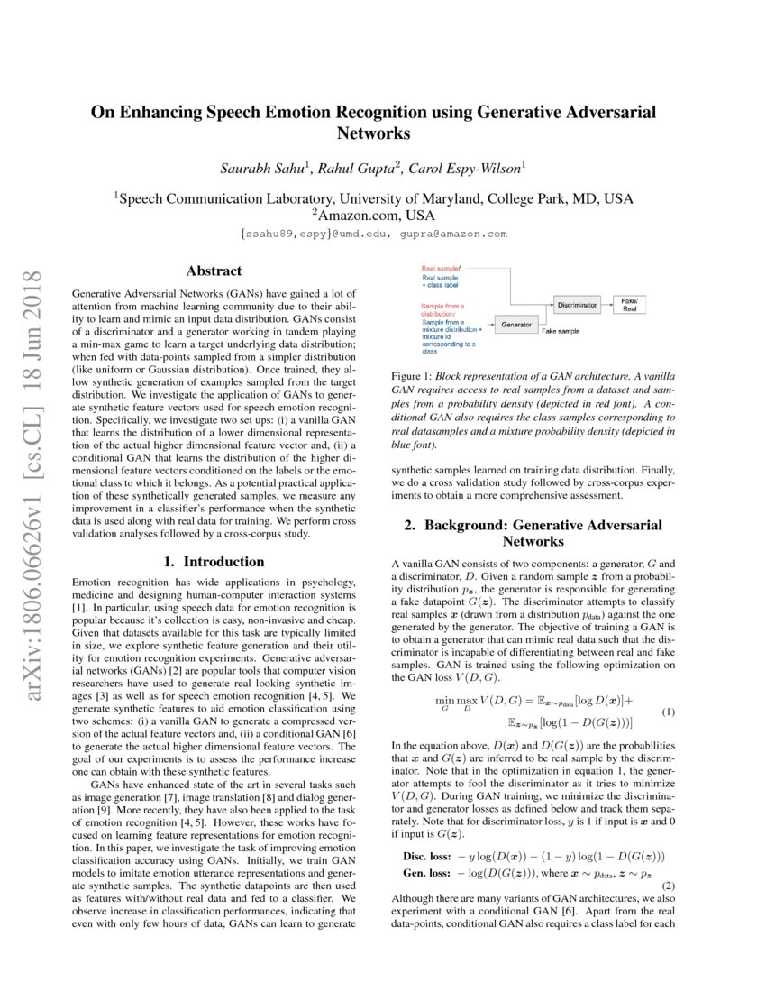 On Enhancing Speech Emotion Recognition using Generative Adversarial Networks DeepAI