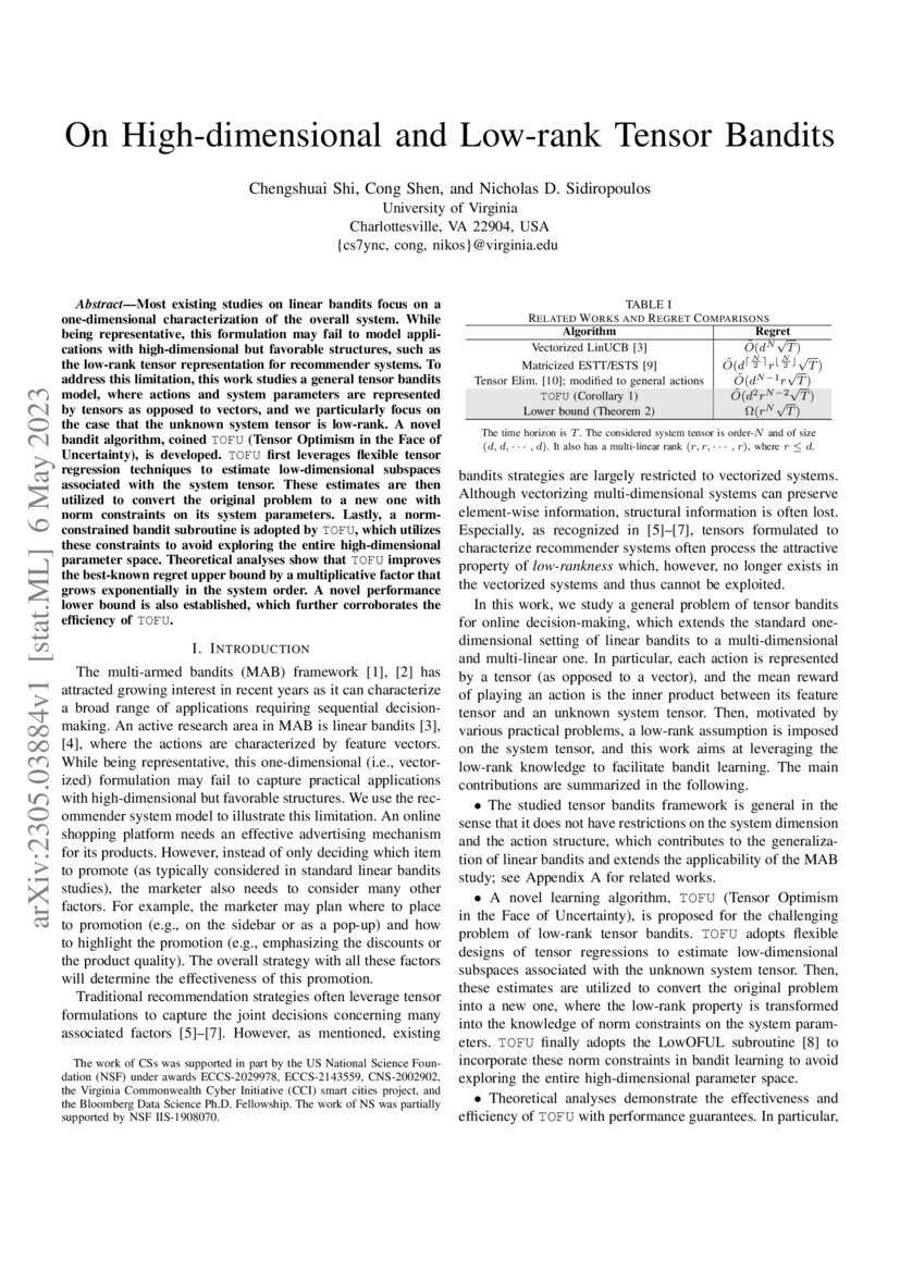 On Highdimensional and Lowrank Tensor Bandits DeepAI