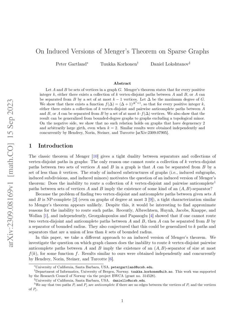 On Induced Versions Of Menger s Theorem On Sparse Graphs DeepAI On induced versions of menger s theorem on sparse graphs deepai