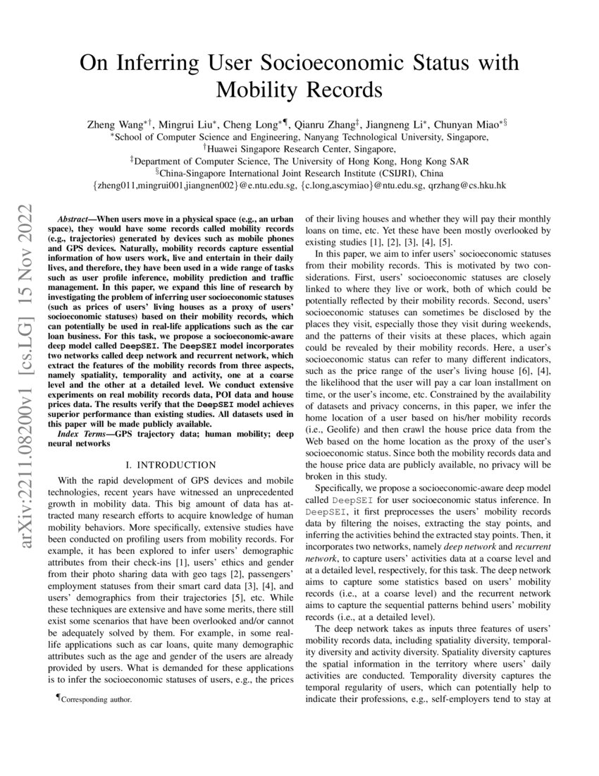 On Inferring User Socioeconomic Status with Mobility Records DeepAI