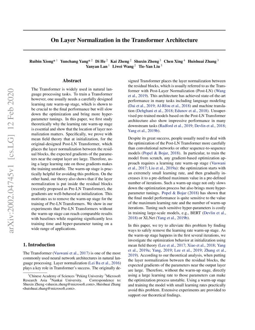 On Layer Normalization in the Transformer Architecture | DeepAI