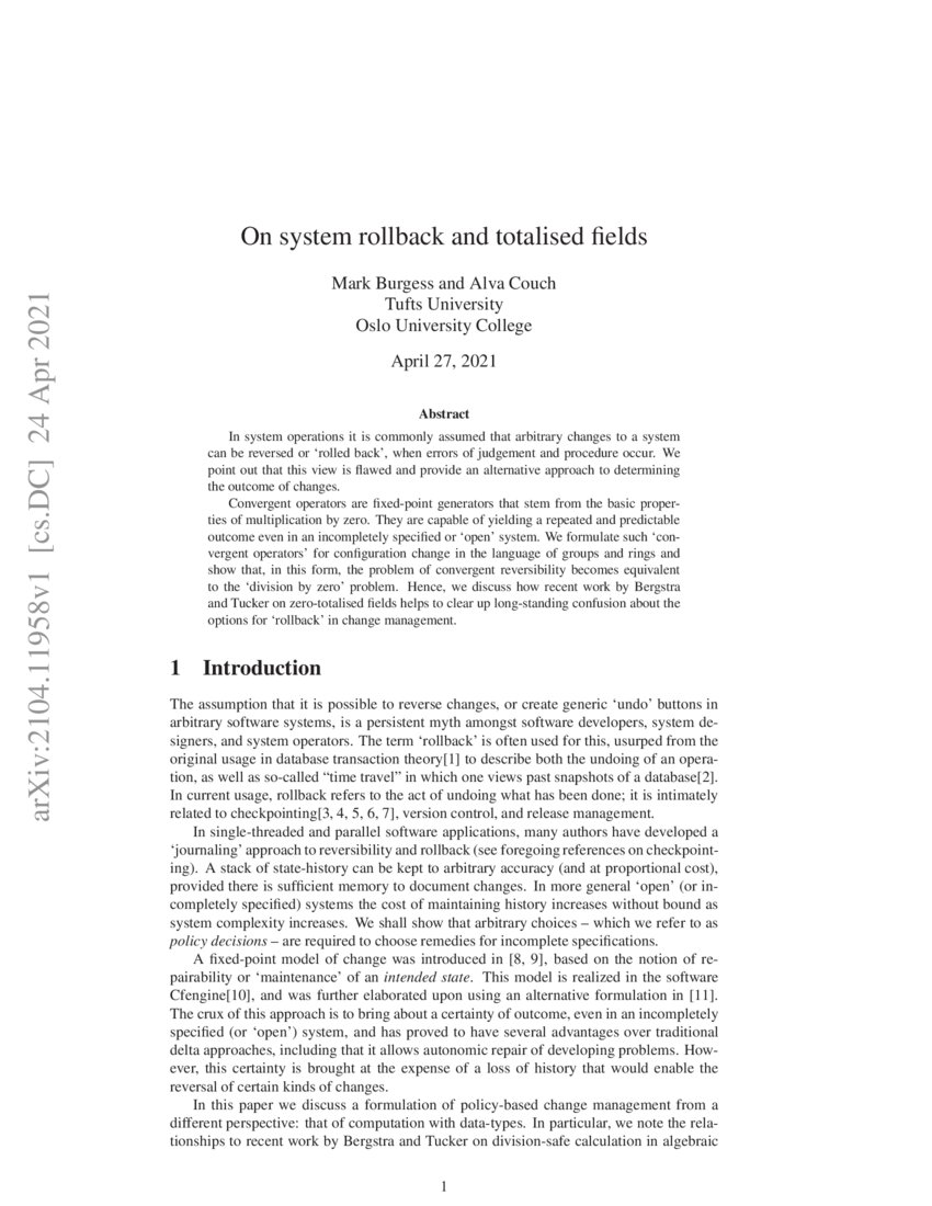 On system rollback and totalised fields DeepAI
