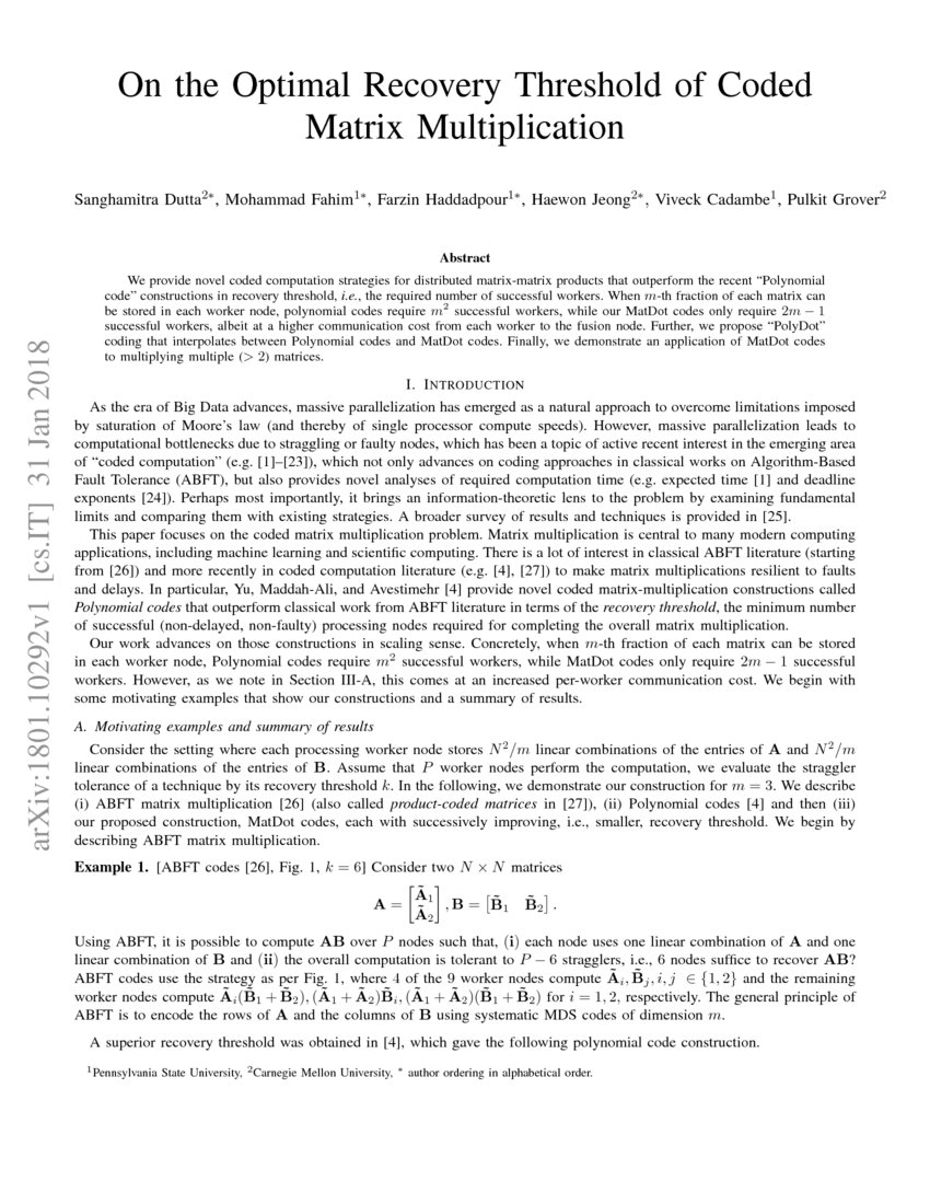 On the Optimal Recovery Threshold of Coded Matrix Multiplication | DeepAI image.