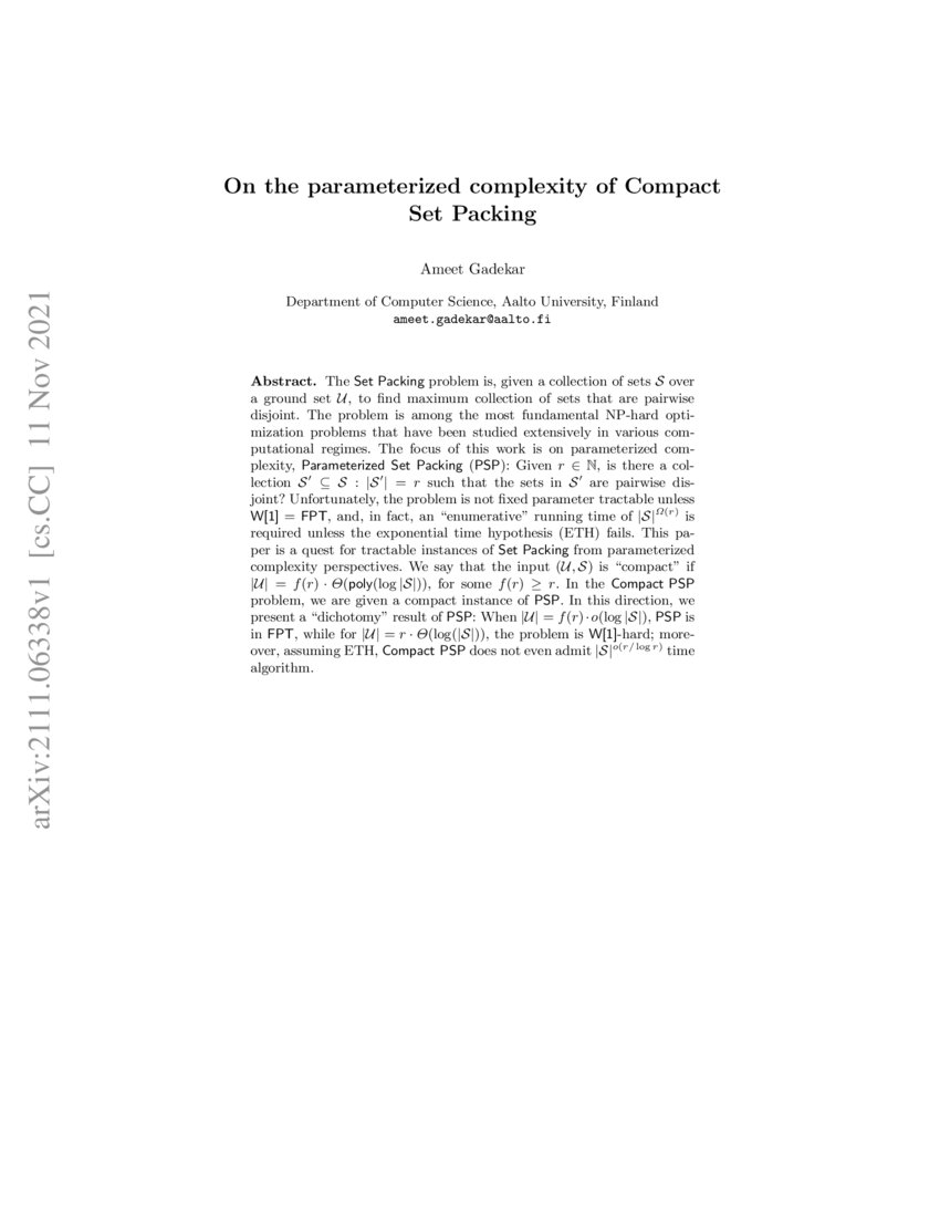 On the parameterized complexity of Compact Set Packing DeepAI