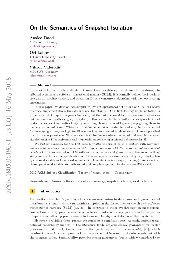 On the Semantics of Snapshot Isolation DeepAI