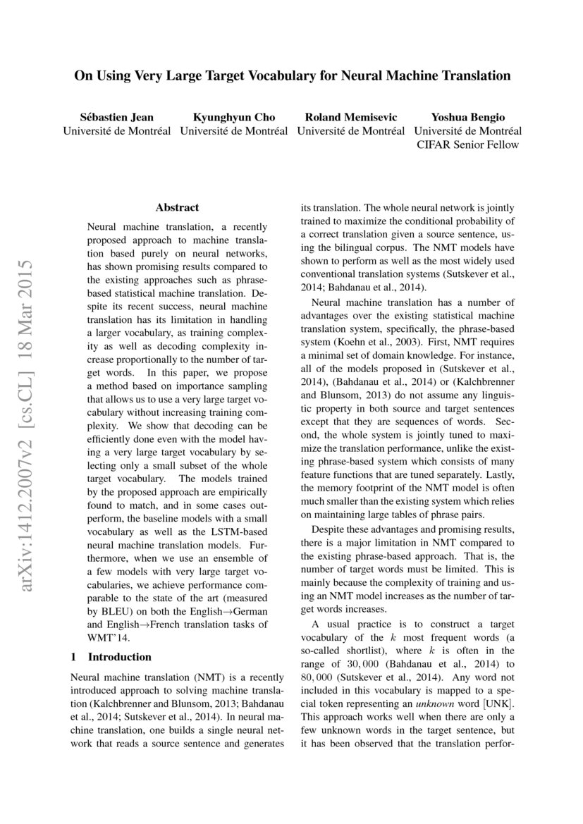 On Using Very Large Target Vocabulary for Neural Machine Translation ...