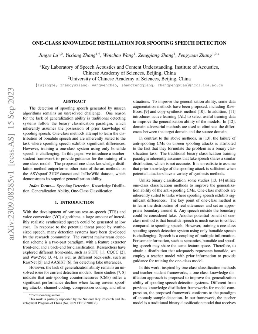 OneClass Knowledge Distillation for Spoofing Speech Detection DeepAI