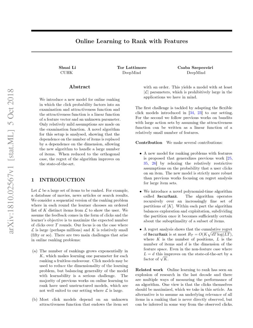 Online Learning to Rank with Features DeepAI